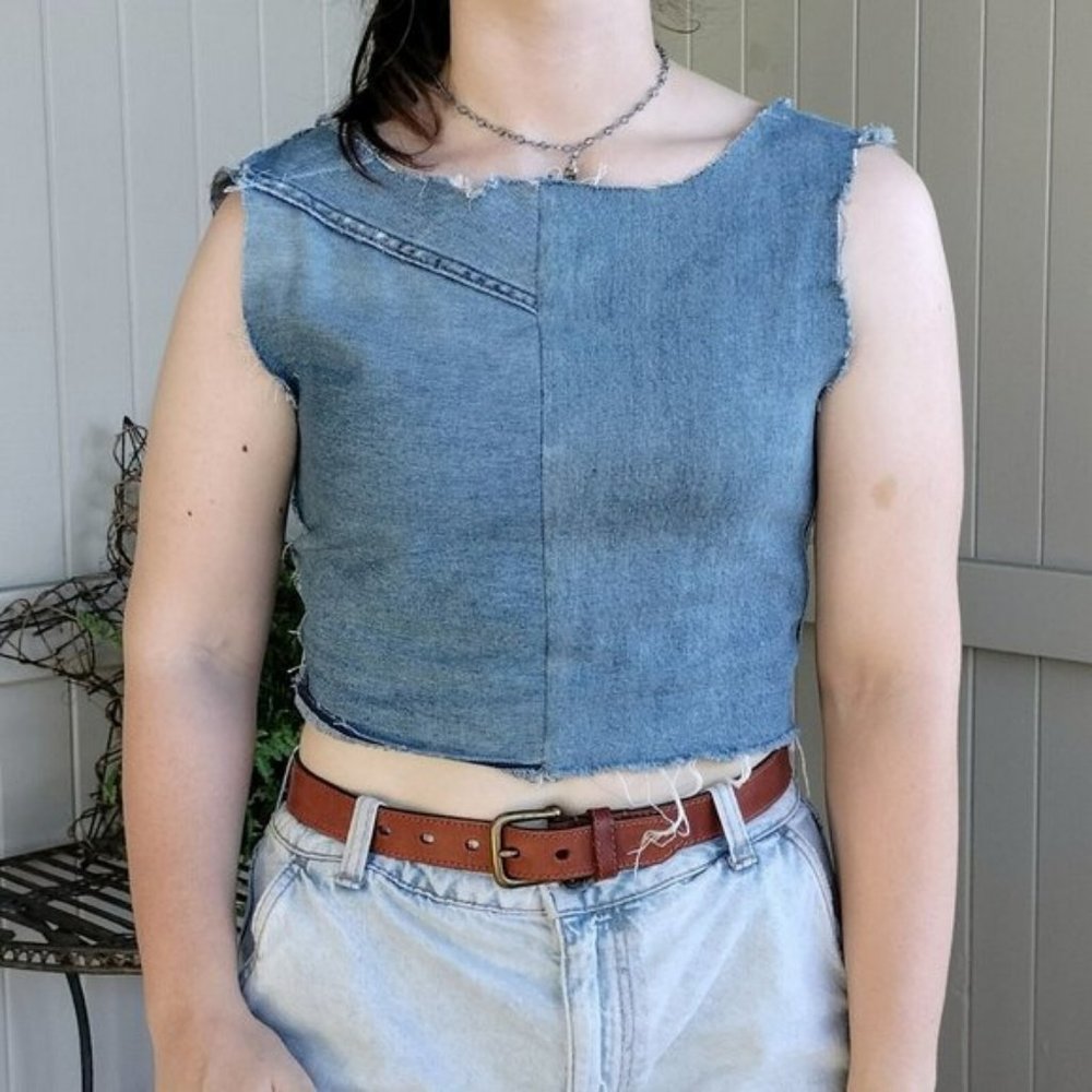 Handmade Reworked Top Size 12 M Denim Corset Crop Upcycled Distressed Festival